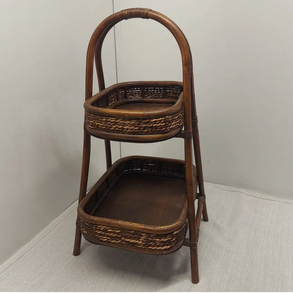 Vintage Dark Brown Bamboo Wicker Rattan 2-Tier Serving Stand MCM Boho